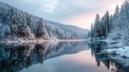 Frozen forest river winding through tall pine trees dusted in fresh snow.の写真素材