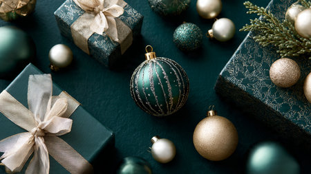 Elegant Christmas scene featuring refined gold accents against a rich emerald base.の写真素材