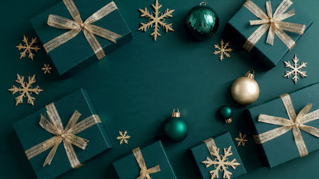 Classic emerald Christmas frame featuring gold stars arranged with perfect symmetry.の写真素材