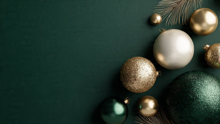 Rustic emerald festive scene with worn gold ornaments and classic seasonal touches.の写真素材