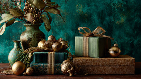 Vintage winter mockup showcasing faded gold ornaments and textured emerald fabric.の写真素材