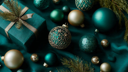 Warm vintage mockup with deep green textures and classic gold elements.の写真素材