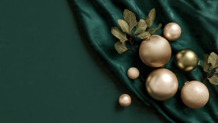 Modern luxury Christmas flat-lay with matte green surfaces and reflective champagne-gold ornaments.の写真素材