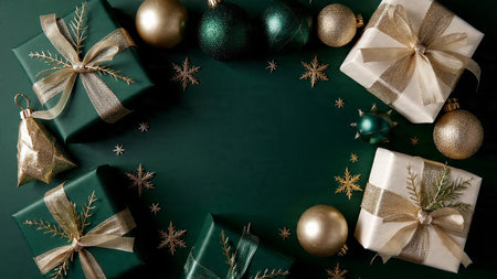 Rich vintage winter composition with textured emerald tones and antique golden pieces.の写真素材