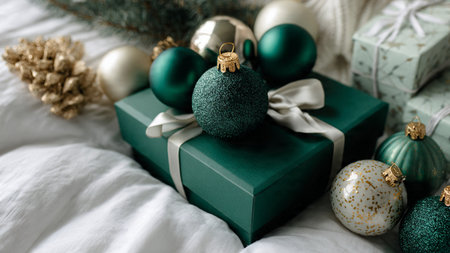 Luxurious winter background combining emerald velvet textures with glimmering gold snowflakes.の写真素材