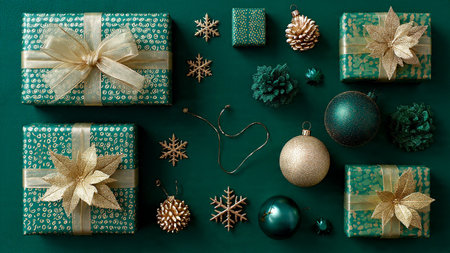 Warm vintage mockup with deep green textures and classic gold elements.の写真素材