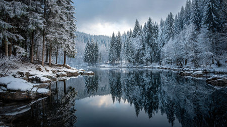 Snowy mountain pass bathed in golden winter evening glow.の写真素材