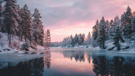 Frost-covered pine forest illuminated by the first light of dawn.の写真素材