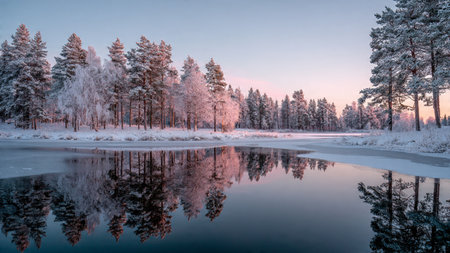 Charming winter forest clearing filled with frost-covered shrubs and quiet snowfall.の写真素材