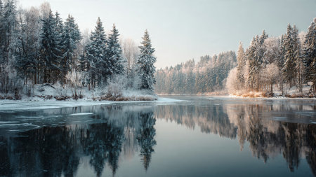 Snow-covered wooden bridge over a frozen stream, peaceful and scenic.の写真素材