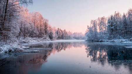 Frozen lake with crystal-clear ice reflecting snowy treelines.の写真素材