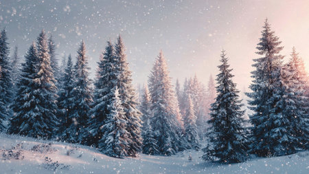 Snow-draped cabin by a frozen river with gentle evening snowfall.の写真素材