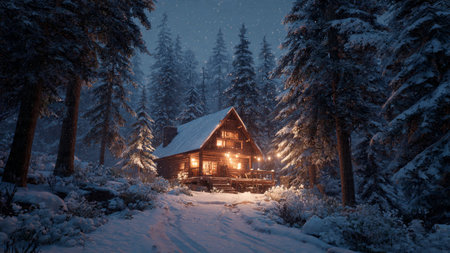 Snow-covered meadow with sparkling frost and distant mountain silhouettes.の写真素材