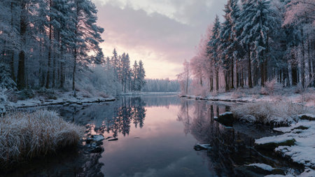 Frost-covered pines rising tall against pale morning skies.の写真素材
