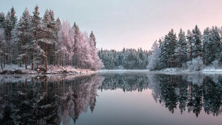 Winter forest river with icy water flowing through snowy rocks.の写真素材