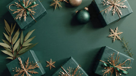 Clean minimalist emerald Christmas setup with refined gold decorations.の写真素材