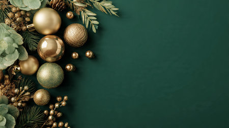 Stylish winter flat-lay featuring champagne-gold snowflakes over a bold emerald background.の写真素材