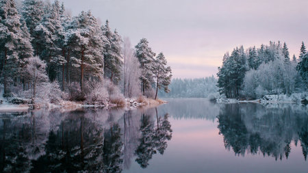 Cabin roof blanketed in thick snow with icicles hanging along the edges.の写真素材