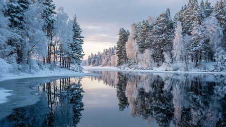 Frozen lake surrounded by tall pine trees shimmering with fresh white frost.の写真素材