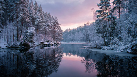 Winter river partially frozen with gentle steam rising into cold morning air.の写真素材