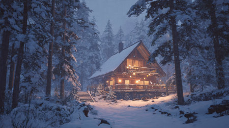 Cabin deep in the woods with thick frost covering nearby branches.の写真素材