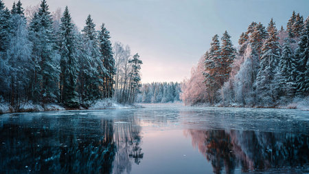 Heavy snowfall creating a soft white blanket over forest landscapes.の写真素材