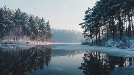 Winter landscape with frozen lake and pine trees in frosty day.の写真素材