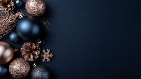 Christmas or New Year background with blue and golden Christmas balls, pine cones and snowflakes. Copy space.の写真素材
