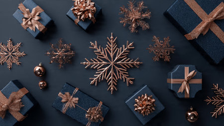 A cinematic still-life layout emphasizing premium metallic highlights on seasonal decor.の写真素材