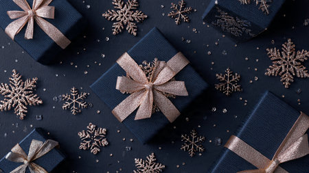 A polished seasonal mockup featuring snowflake-themed rose-gold accents on deep-blue surfaces.の写真素材