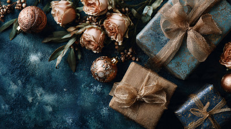 A contemporary holiday scene featuring monochrome midnight-blue surfaces with delicate rose-gold ornament highlights.の写真素材