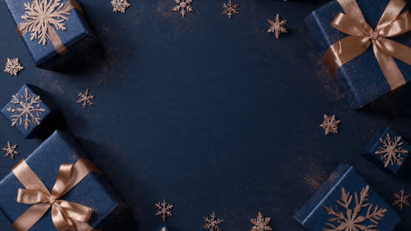 A crisp top-view snowflake composition blending matte blue surfaces with shimmering rose-gold designs.の写真素材