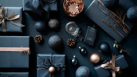 Refined premium gift boxes wrapped in deep-blue textures with rose-gold ribbons and accents.の写真素材