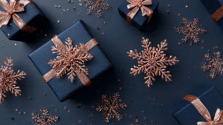 Christmas background with gift boxes and golden snowflakes on black backgroundの写真素材