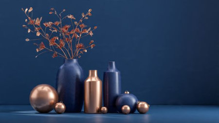Minimal scene enhanced by carefully placed rose-gold ornaments on dark blue tones.の写真素材