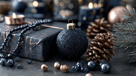 A classic holiday mockup combining timeless deep-blue ornaments and luxurious rose-gold decor.の写真素材