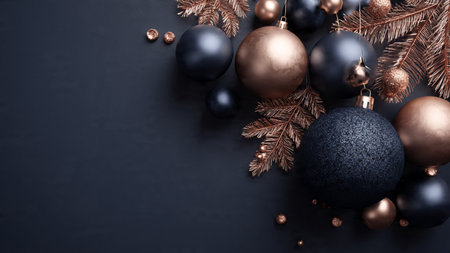 A premium spread of rose-gold holiday elements delicately placed over deep-blue textures.の写真素材