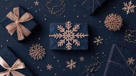 A moody vintage still life with textured blue tones and softly aged rose-gold decorations.の写真素材