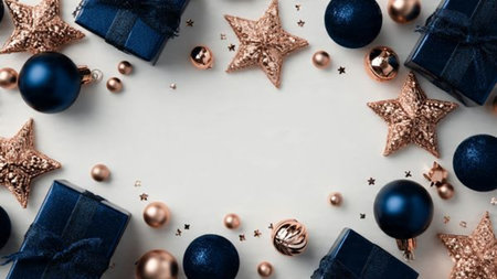 A delicate border of shimmering rose-gold snowflakes framing a deep midnight-blue canvas.の写真素材