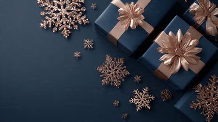 A nostalgic holiday flat-lay scene with antiqued rose-gold ornaments atop textured blue fabric.の写真素材