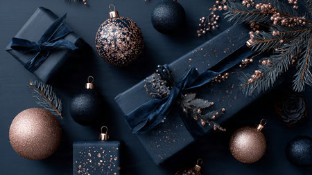 A stylish composition combining dark blue hues with subtle rose-gold decorative accents for a modern festive mood.の写真素材