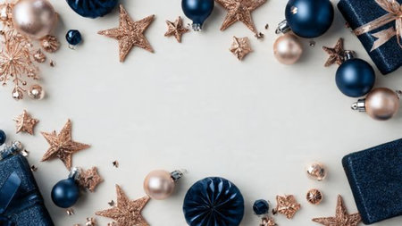 A minimalist ornament collection in various midnight-blue shades paired with shiny rose-gold accents.の写真素材