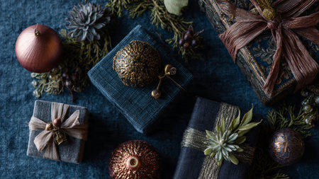 A symmetrical frame of matte blue decorations and shimmering rose-gold accents for a premium Christmas look.の写真素材