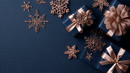 A delicate holiday scene pairing rose-gold snowflakes with soft matte blue textures.の写真素材