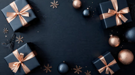 A holiday frame featuring deep-blue snowflakes trimmed with rose-gold metallic edges.の写真素材