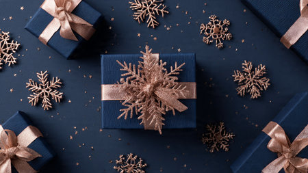 A designer-style festive arrangement with balanced blue and rose-gold elements.の写真素材