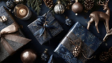 A premium holiday composition showcasing shining rose-gold lighting over deep-blue elements.の写真素材