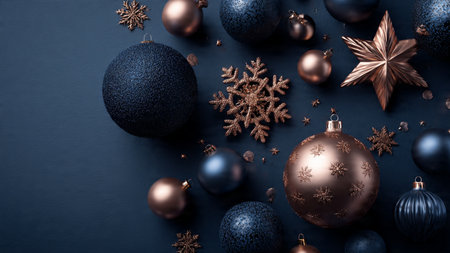 Christmas background with baubles and snowflakes on dark blueの写真素材