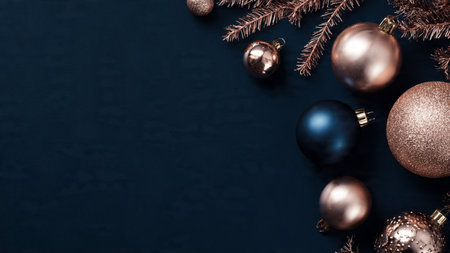 Balanced layout combining matte midnight-blue and polished rose-gold ornaments.の写真素材