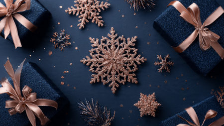 A high-end winter mockup with shimmering rose-gold snowflakes displayed on a matte midnight-blue surface.の写真素材